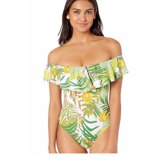 Trina Turk Green Fern Pattern‎ Ruffle Shoulder One Piece Bathing Suit. - Picture 1 of 9